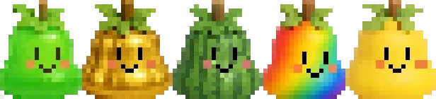 FruitSnoot: Five pixel fruit faces in a row: green, gold, green, rainbow, yellow.
