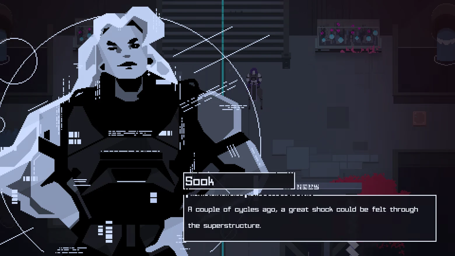 Dialogue Scene – Fully Automated Fully Automated: Pixelated character with white hair, dialogue box reads "Sook: A couple of cycles ago..."