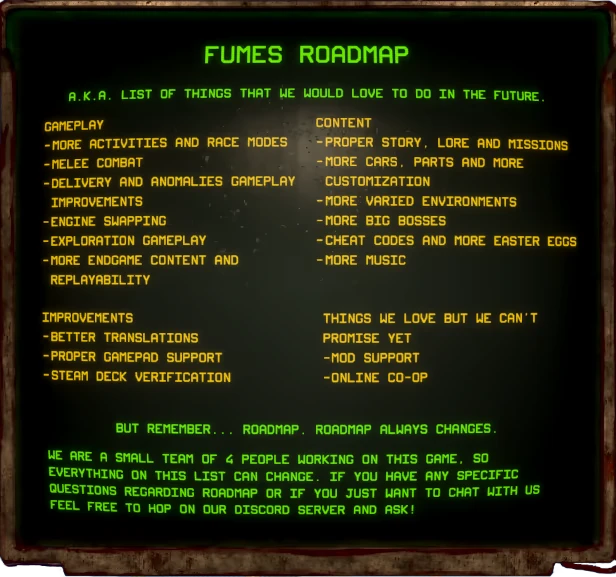 FUMES: "FUMES ROADMAP" text in green, lists features and improvements in yellow on a dark background.
