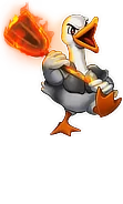 Furcifer's Fungeon: A fierce goose wielding a flaming mace, with an intense expression.