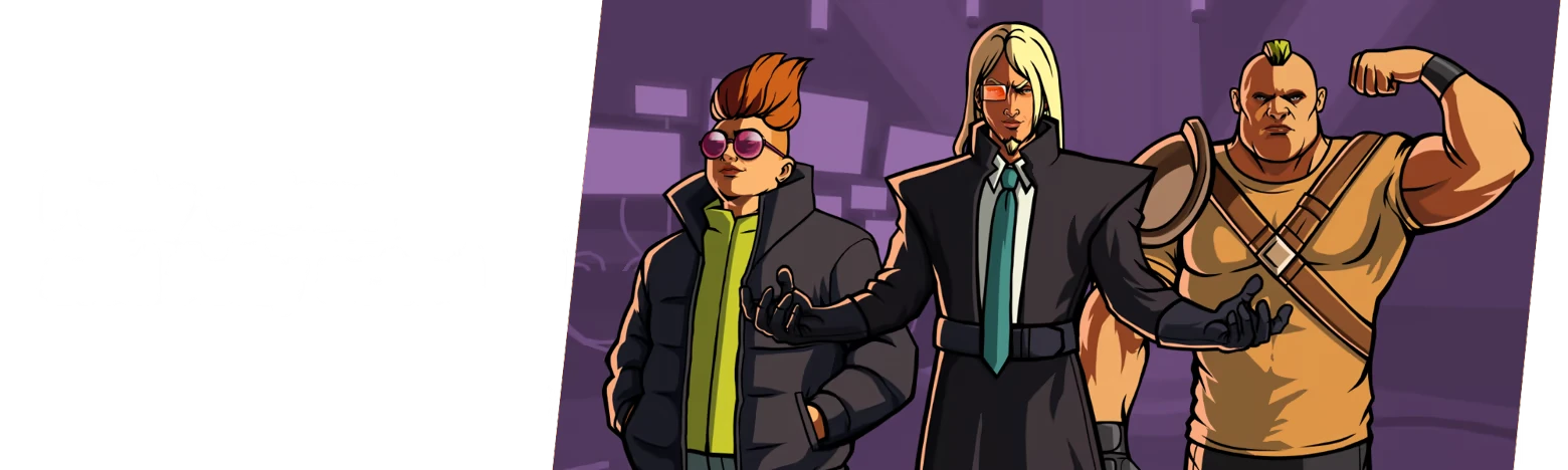 Future? No Thanks!: White title text beside three cartoon characters on purple background.