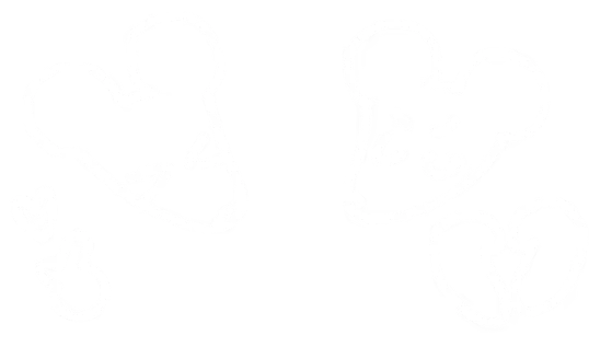 Galaxy Critter Co.: Two white, mouse-like doodles on black, one with hearts, the other with fists.