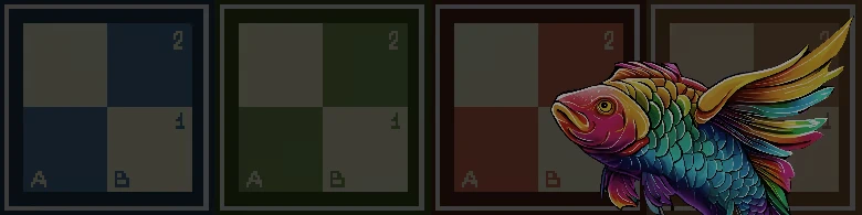 Gambit: Four colored chessboard panels labeled A/B with numbers, rainbow fish overlay.