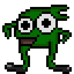 Game Over: Pixelated green creature with large eyes and a quirky expression on a black background.
