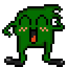 Game Over: Pixelated green creature with wide eyes, open mouth, and pink cheeks on black background.