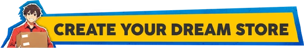 Gamer Stop Simulator: Character holding a box next to bold text "CREATE YOUR DREAM STORE" on yellow.