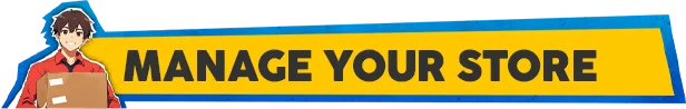 Gamer Stop Simulator: Cartoon character holds boxes beside bold text "MANAGE YOUR STORE" on yellow.