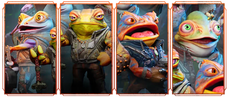 Gang of Frogs: Four colorful frog characters in detailed outfits, each with unique expressions.