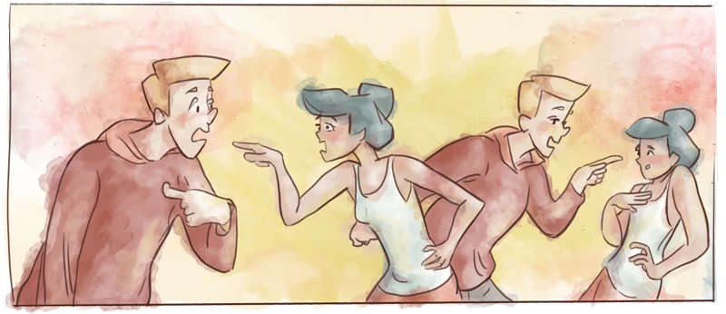 Garden of Love: Four watercolor characters argue, pointing fingers against a pastel background.