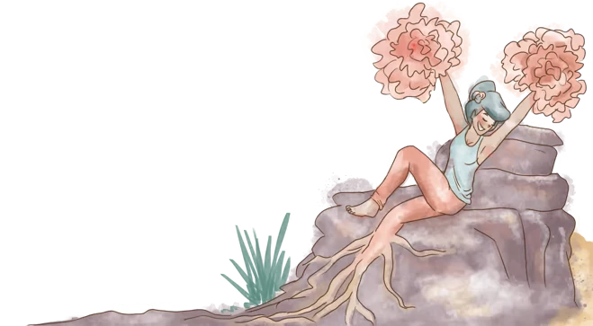 Cheerleader Pose – Garden of Love Garden of Love: Blue-haired cheerleader on rock, holding pink pom-poms aloft.