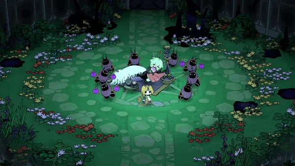 Garden of Witches: Sil stands on a stone path surrounded by witches and colorful flowers.