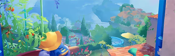 Floating Garden View – Garden Trills Garden Trills: Lush garden with tomatoes, a scarecrow, and distant village houses under a blue sky.