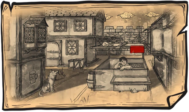 Gatekeeper's Week: Medieval street scene with a dog, merchant, and stone buildings under cloudy sky.