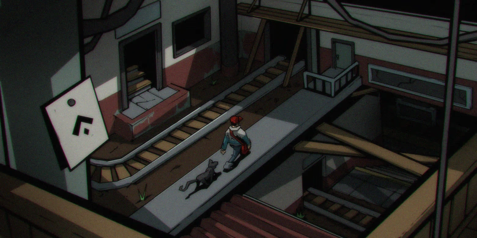 Broken Platform Walkway – Gaucho: Subway Escape Gaucho: Man and black cat on subway platform beside broken escalator and tracks.