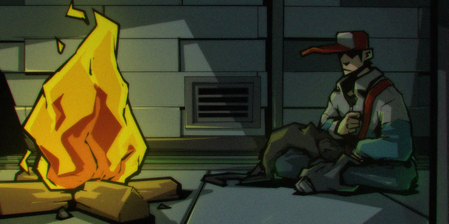 Campfire Resting – Gaucho: Subway Escape Gaucho: Camper by fire in subway tunnel, holding kitten, gray tiled wall behind.