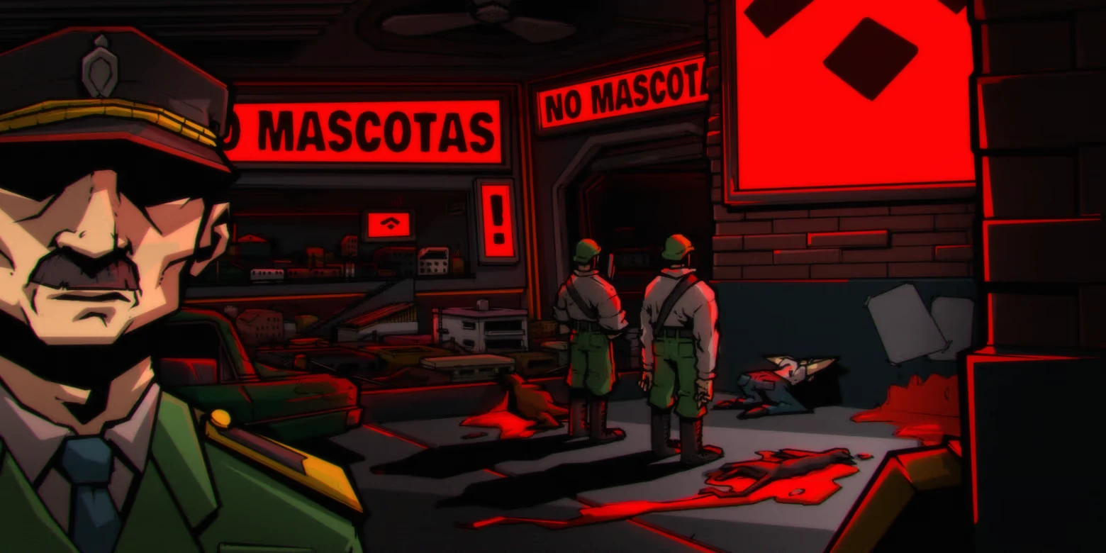 No Mascotas Sign – Gaucho: Subway Escape Gaucho: Officer close-up, soldiers by subway entrance under red “NO MASCOTAS” signs.