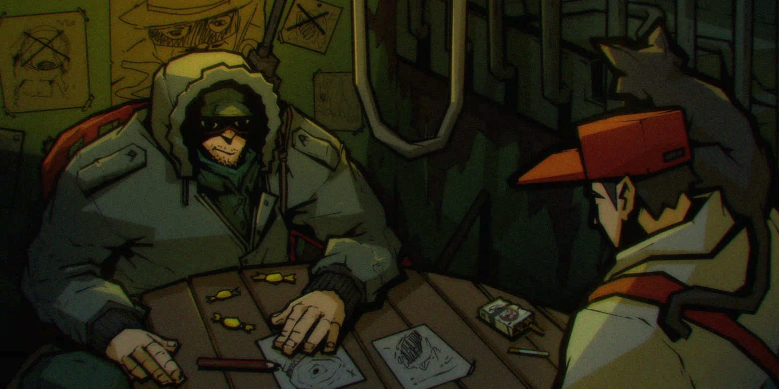 Subway Card Game – Gaucho: Subway Escape Gaucho: Hooded man and orange-hatted figure at table with sketches and candy wrappers.
