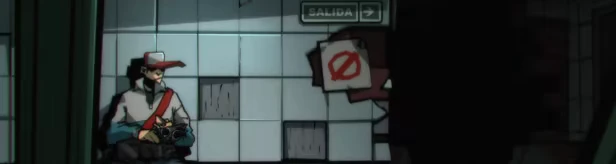 Subway Exit Sign – Gaucho: Subway Escape Gaucho: Man in cap holds kitten by tiled wall; “SALIDA” exit sign above.