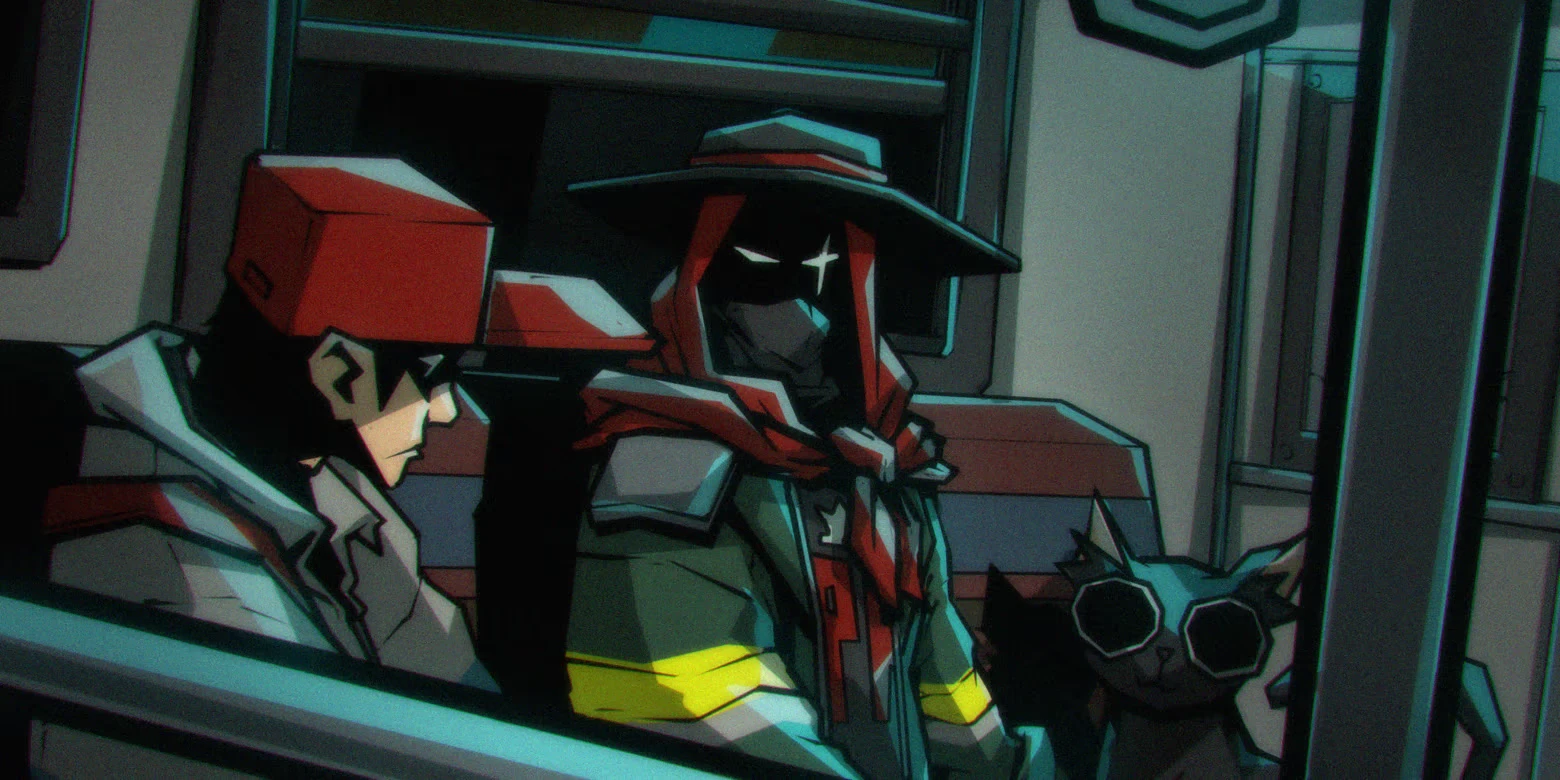 Subway Train Seats – Gaucho: Subway Escape Gaucho: Two hat-wearing figures and a cat with goggles inside a subway car.
