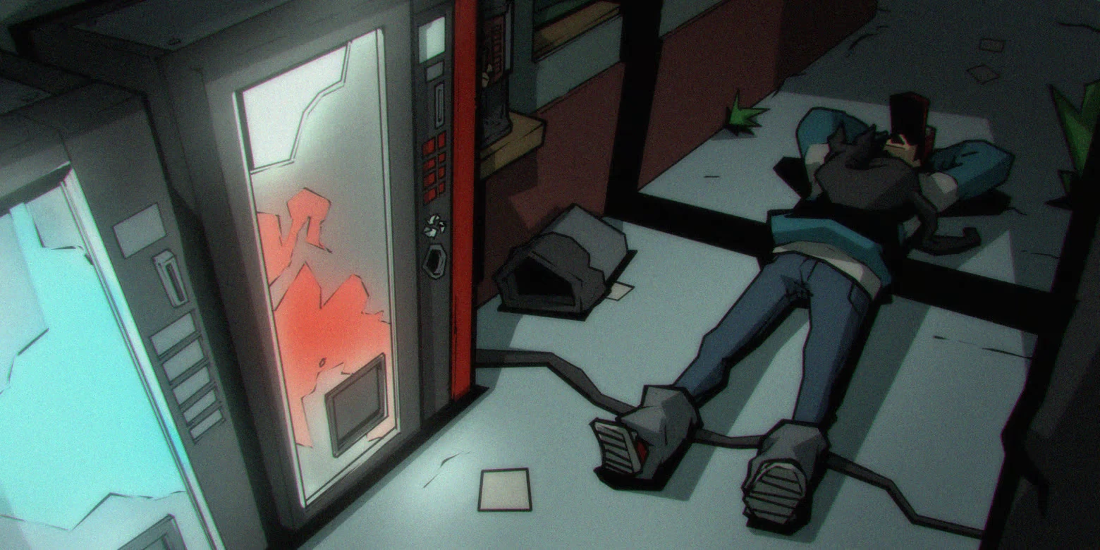 Vending Machine Body – Gaucho: Subway Escape Gaucho: Body sprawled on floor beside cracked vending machine with orange glow.