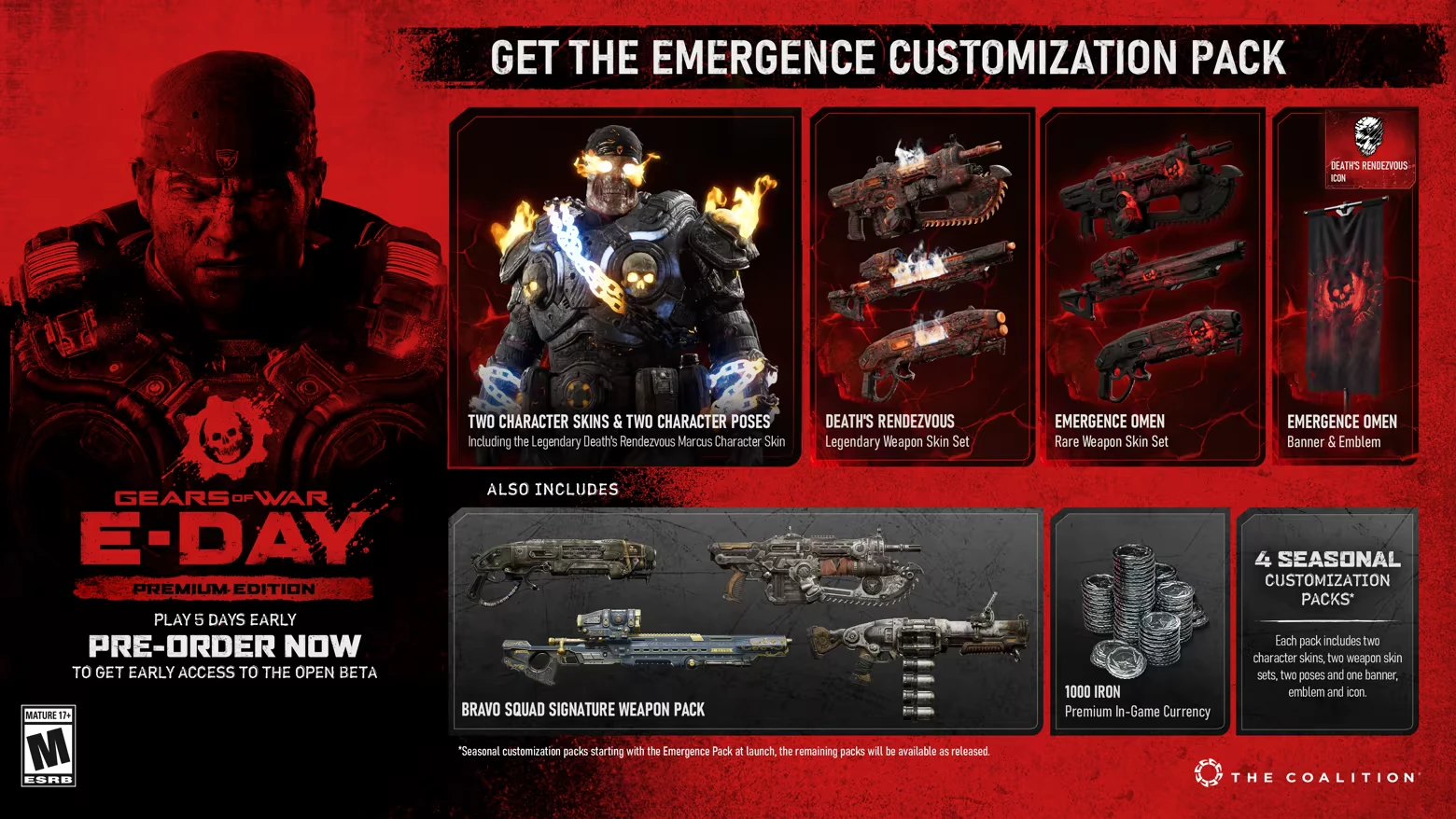 Image 2 – Gears of War: E-Day Gears of War: Red promo showing Emergence Customization Pack items and preorder text.