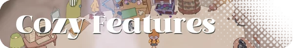 Cozy Features – Gemporium: A Cute Mining Sim Gemporium: "Cozy Features" text over a room with a character, desk, treasure chest, and tools.