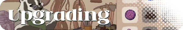 Upgrading Menu – Gemporium: A Cute Mining Sim Gemporium: A badger with glasses works near tools and an "Upgrading" menu with icons.