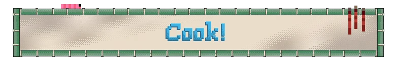 Cook Title – Gendo The Gatherer Gendo The Gatherer: Pixel banner with blue “Cook!” text on beige, green border.