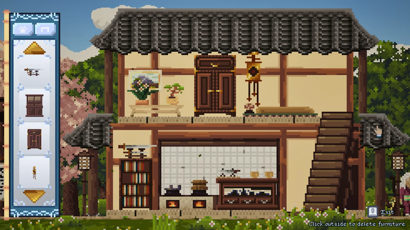 Home Decorating – Gendo The Gatherer Gendo The Gatherer: Pixel house interior with furniture menu panel and Exit button.
