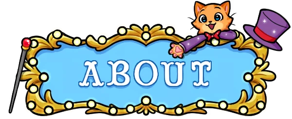 Giggleland: A smiling cat in a purple suit with a top hat, next to a sign reading "ABOUT".