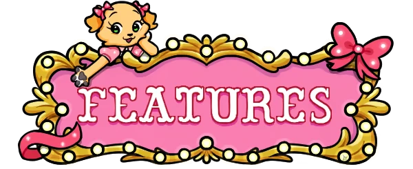 Giggleland: Pink sign with "FEATURES" text, gold trim, cartoon dog, and pink bows.