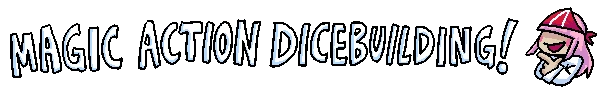 GIMMIKO: White text reads "MAGIC ACTION DICEBUILDING!" with a pink-haired character on the right.