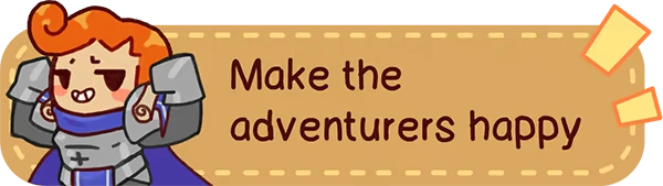 Adventurer Happiness – Glimvale : My Mini Overworld Glimvale: Cartoon knight with orange hair, text "Make the adventurers happy" on tan banner.