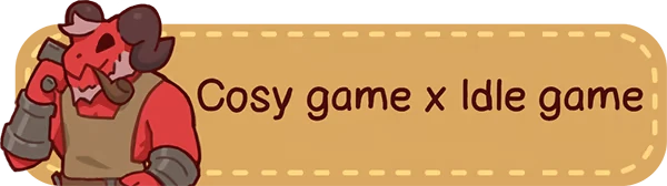 Cosy Idle Game – Glimvale : My Mini Overworld Glimvale: Red horned character with pipe, text "Cosy game x Idle game" on tan background.