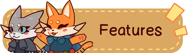 Features Banner – Glimvale : My Mini Overworld Glimvale: Two cute animal characters beside a "Features" sign on a stitched background.