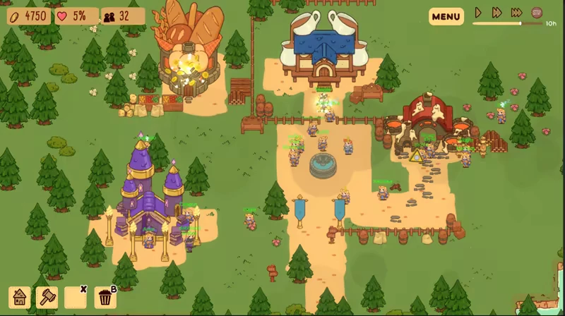 Village Overview – Glimvale : My Mini Overworld Glimvale: Colorful village with buildings, trees, adventurers, and a central fountain. UI shows resources.