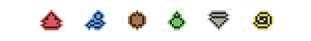 GLITCHED: Six pixel icons on black: red flame, blue boot, brown shield, green leaf, gray badge, yellow spiral.