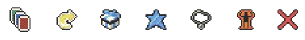 GLITCHED: Row of pixel icons: cards, moon, face, star, ring, robe, red X.