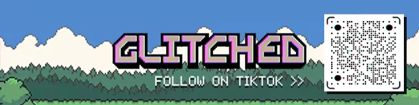 Tiktok Qr Banner – GLITCHED GLITCHED: Pixel logo over forest, text “FOLLOW ON TIKTOK >>” and QR code.