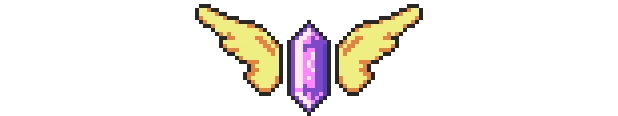 Winged Crystal – GLITCHED GLITCHED: Pixel art purple crystal with yellow wings on a black background.