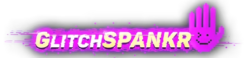 Logo Hand Glitch – GlitchSPANKR GlitchSPANKR: Neon purple logo with pixelated hand and smiley face, bold yellow and white text.