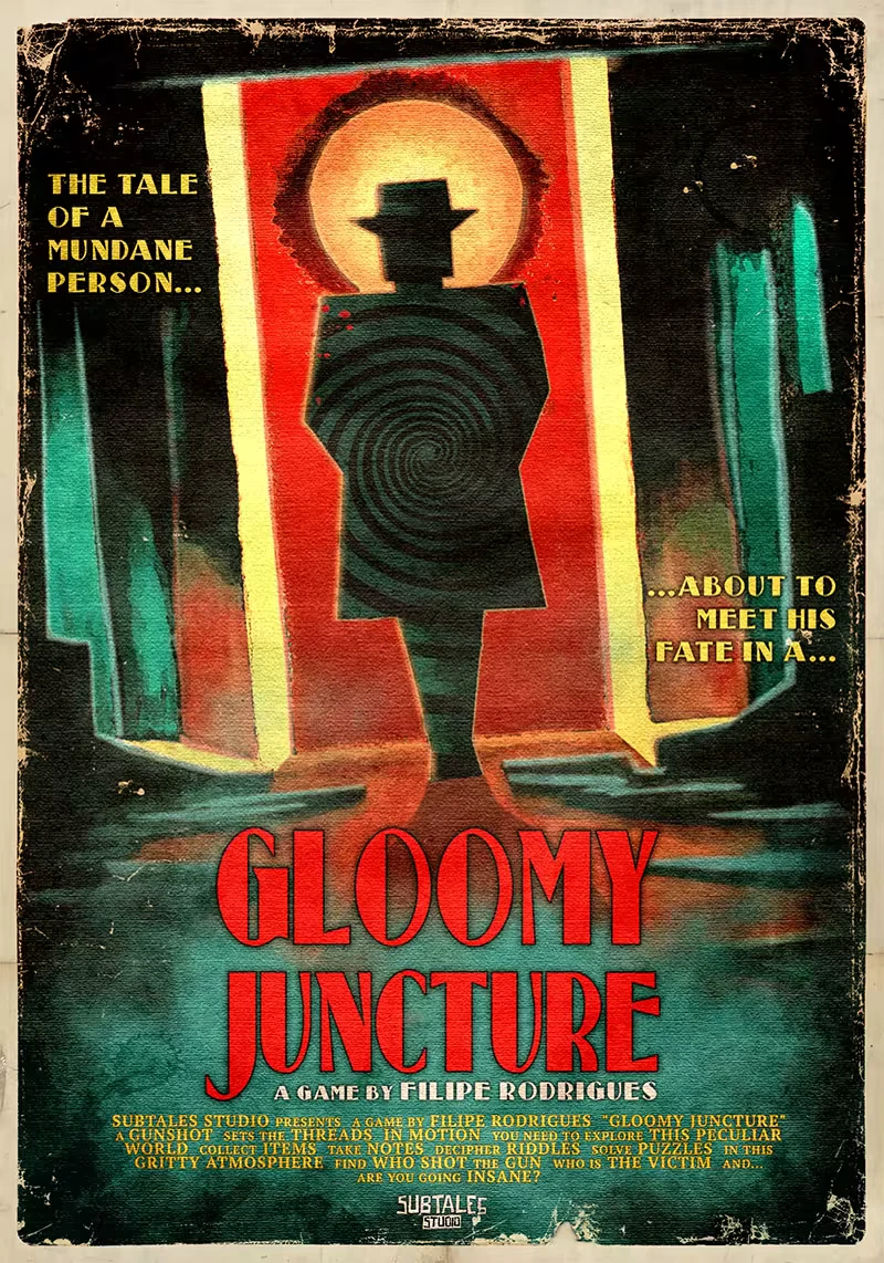 Hat Shadow Silhouette – Gloomy Juncture Gloomy Juncture: Silhouette with hat in spiral pattern, red halo; text reads "The tale of a mundane person..."