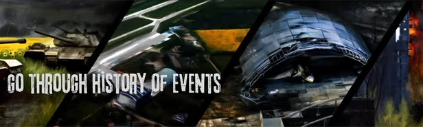 Glory To The Heroes: Tanks in fields, airfield, dome structure, burning building, bold text "GO THROUGH HISTORY OF EVENTS".