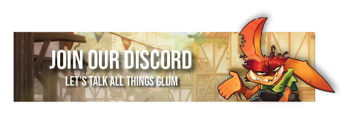 GLUM: Grumpy goblin with orange ears, text "JOIN OUR DISCORD" and "LET'S TALK ALL THINGS GLUM".