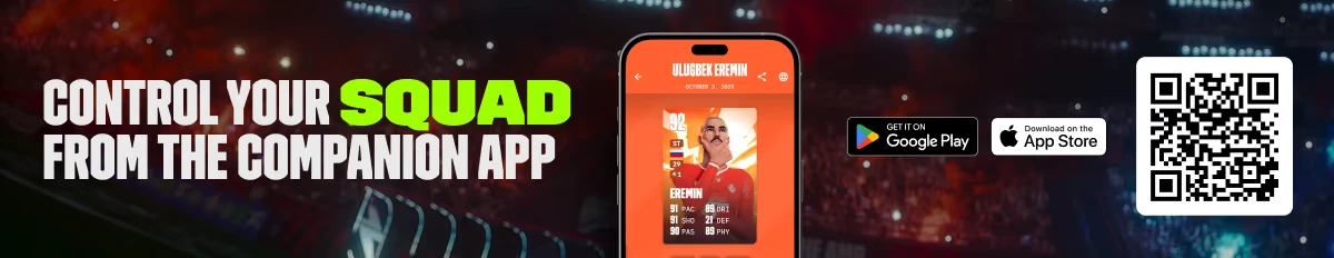GOALS: Text "CONTROL YOUR SQUAD" in bold, app screen with player card, Google Play and App Store logos, QR code.