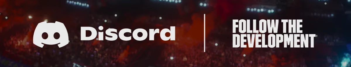 GOALS: Discord logo and "FOLLOW THE DEVELOPMENT" text over a blurred stadium background.