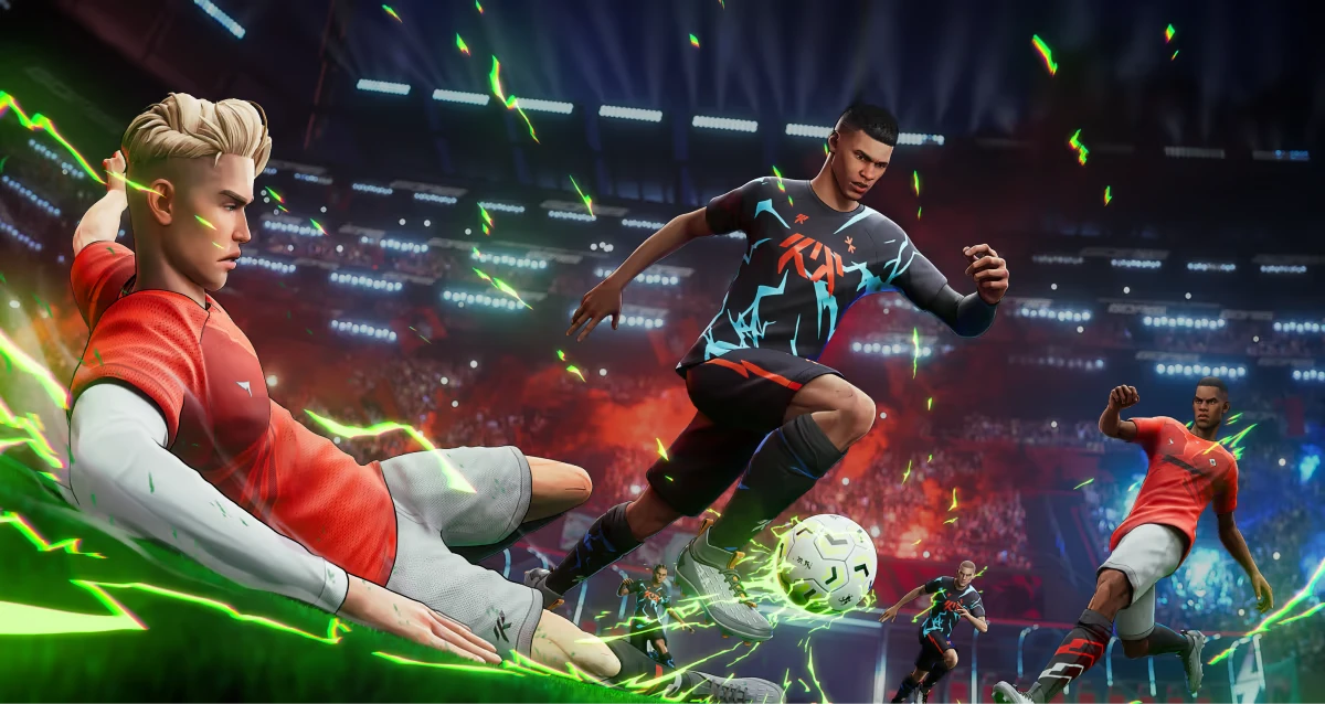 GOALS: Three players in dynamic action, vibrant stadium lights, green energy effects, football.