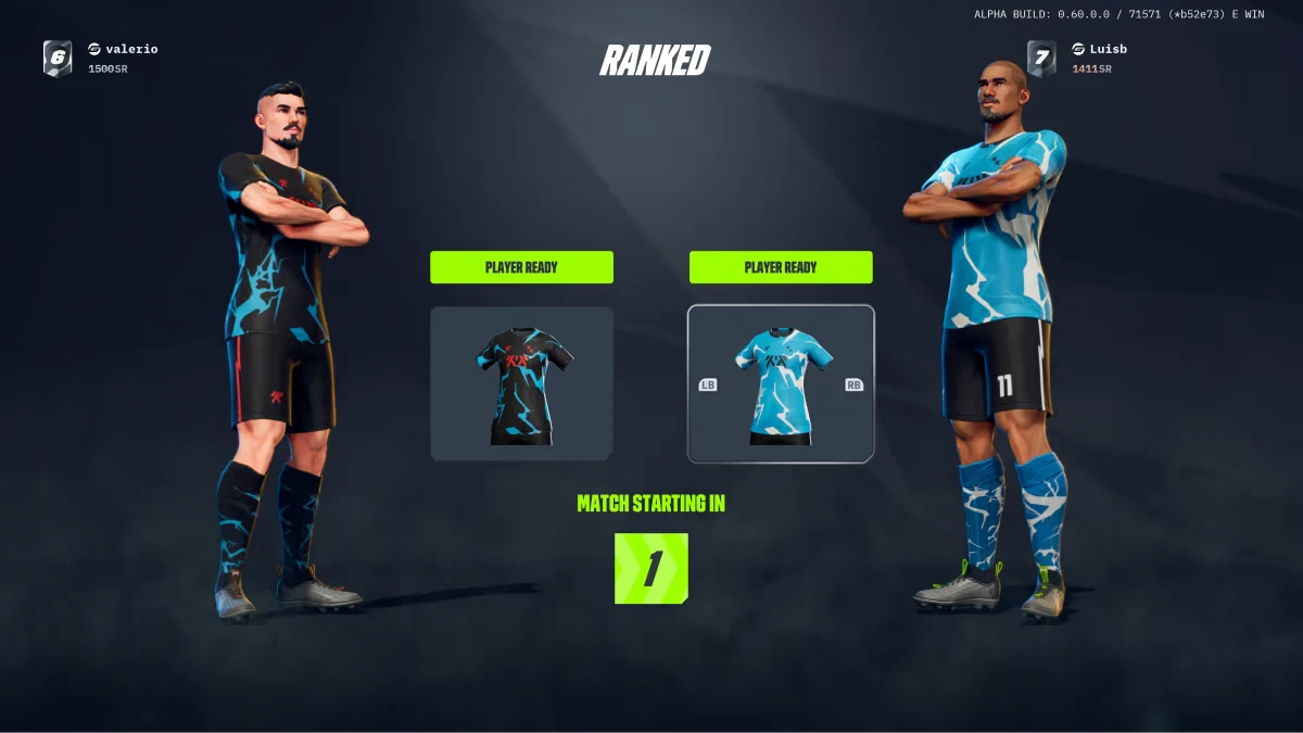 GOALS: Two players in blue kits, "RANKED" text above, "PLAYER READY" in green boxes, countdown at 1.
