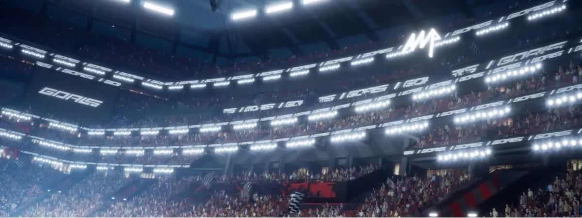 GOALS: Stadium with bright lights, packed crowd, and "GOALS" text on LED banners.