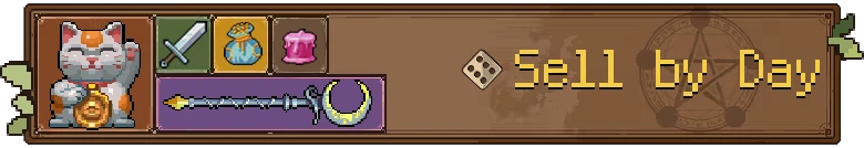 Goblin Vyke: Pixel art UI with a lucky cat, sword, pouch, candle, and text "Sell by Day".